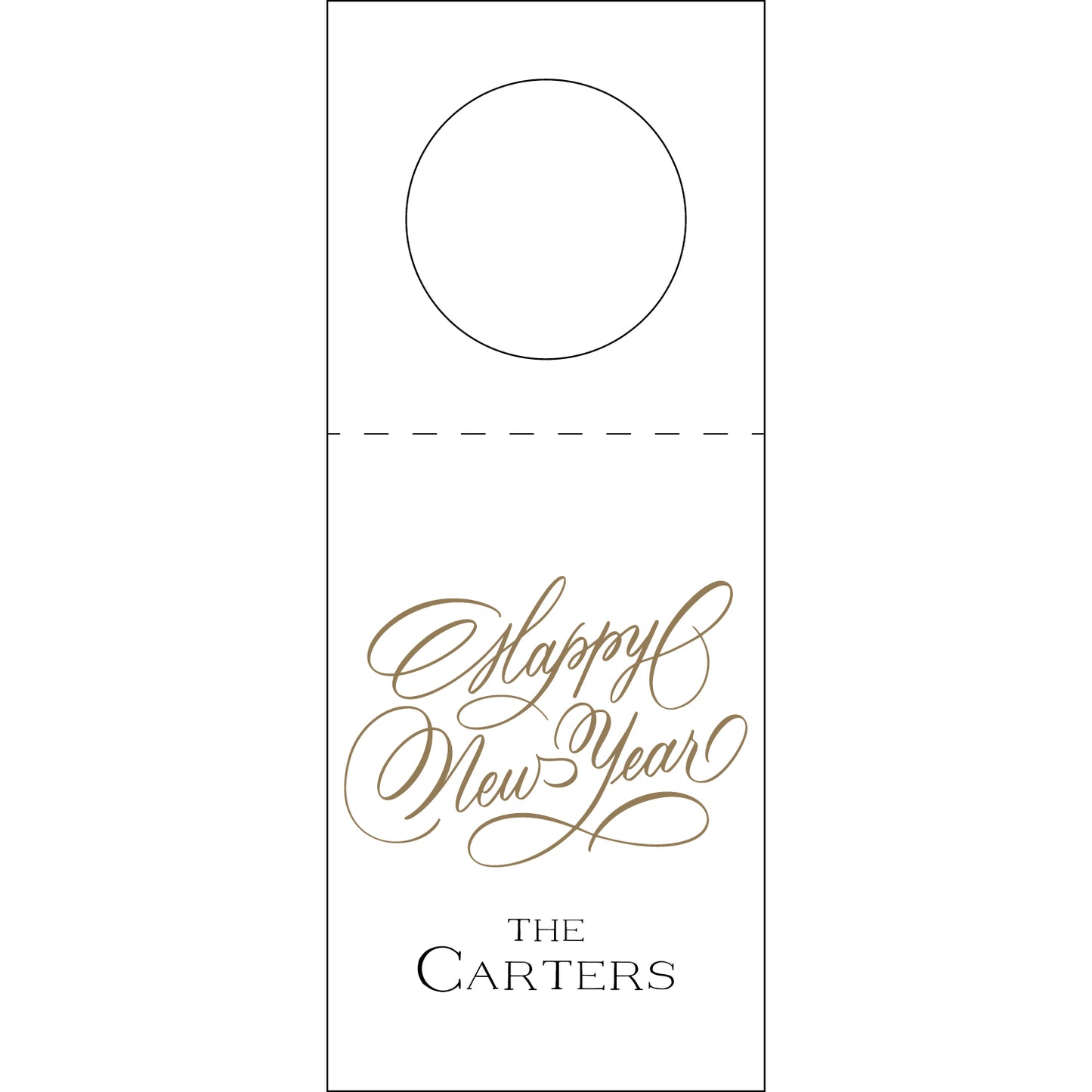 White door hanger with 'Happy New Year' and 'The Carters' text in gold.