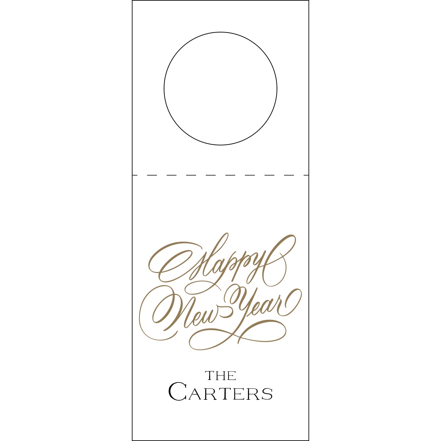 White door hanger with 'Happy New Year' and 'The Carters' text in gold.