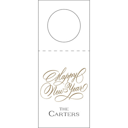 White door hanger with 'Happy New Year' and 'The Carters' text in gold.