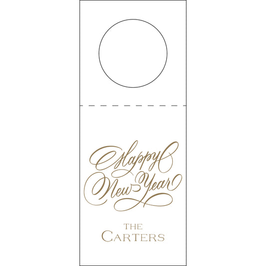 Door hanger with 'Happy New Year' and 'The Carters' text on a white background
